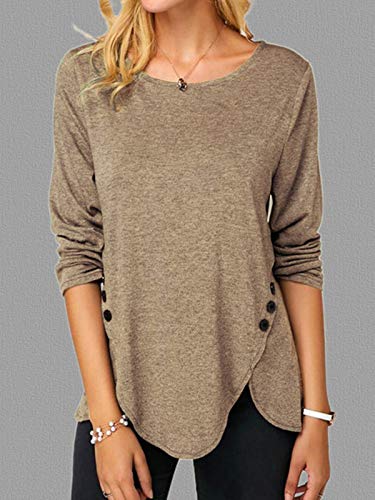 Womens Casual Long Sleeve Tunic Shirts Round Neck Button Side Blouses Tops Coffee