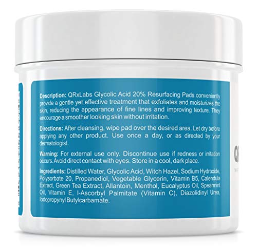 QRxLabs Glycolic Acid 20% Resurfacing Pads for Face & Body with Vitamins B5, C & E, Green Tea, Calendula, Allantoin - Exfoliates Surface Skin and Reduces Fine Lines and Wrinkles - Peel Pads