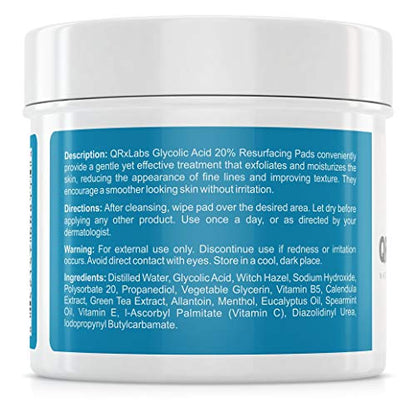 QRxLabs Glycolic Acid 20% Resurfacing Pads for Face & Body with Vitamins B5, C & E, Green Tea, Calendula, Allantoin - Exfoliates Surface Skin and Reduces Fine Lines and Wrinkles - Peel Pads