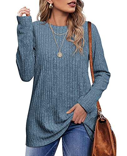 OFEEFAN Long Sleeve Tee Shirts for Women Fall Sweaters for Women Trendy Blue XXL