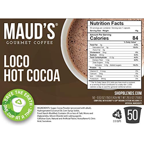 Maud's Dark Hot Chocolate (Loco Hot Cocoa), 50ct. Solar Energy Produced Recyclable Single Serve Gluten Free Dairy Free Hot Cocoa Pods, 100% California Blended Hot Chocolate, KCup Compatible
