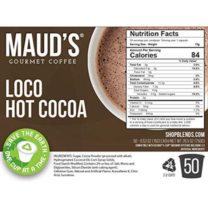 Maud's Dark Hot Chocolate (Loco Hot Cocoa), 50ct. Solar Energy Produced Recyclable Single Serve Gluten Free Dairy Free Hot Cocoa Pods, 100% California Blended Hot Chocolate, KCup Compatible