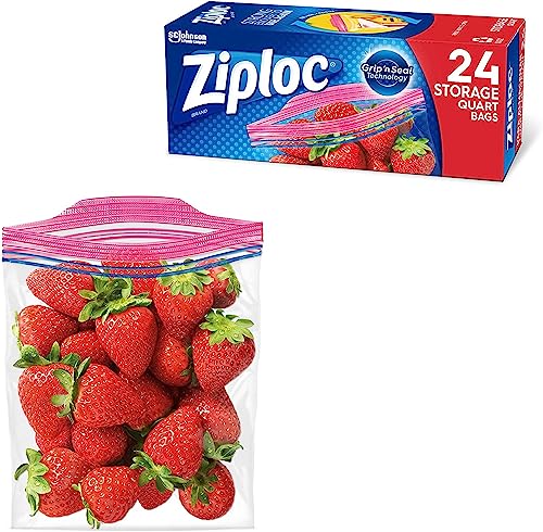 Ziploc Quart Food Storage Bags, Grip 'n Seal Technology for Easier Grip, Open, and Close, 24 Count