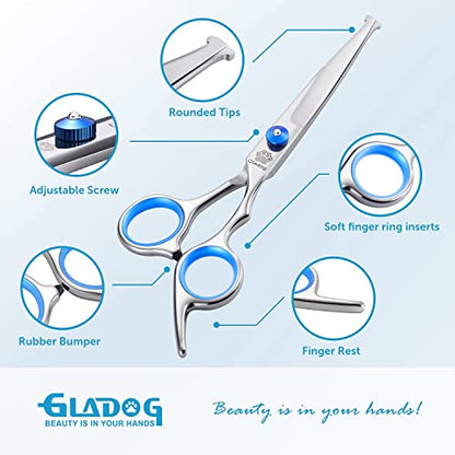 GLADOG Professional 5 in 1 Dog Grooming Scissors Set with Safety Round Tips, Sharp and Durable Pet Grooming Shears for Cats