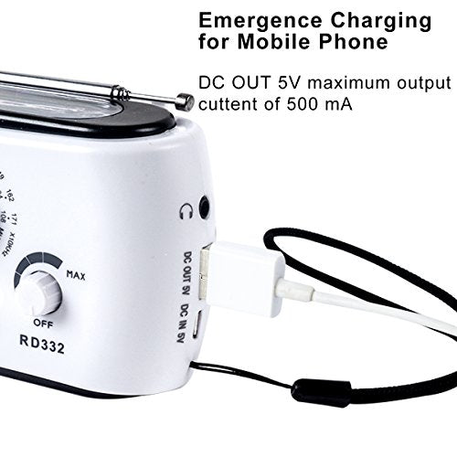 Emergency Radio with Solar and Crank Charger, 3 LED Flashlight Battery and USB Recharging FM/AM Radio 500mAh Power Bank Mobile Phone Charger for Recreational Camping Hiking Survival (White)