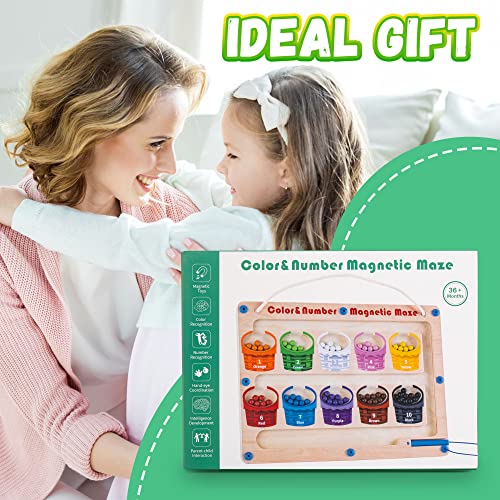 Winique Magnetic Color and Number Maze - Montessori Toys for 3 Years Old Boys Girls Wooden Magnet Board Puzzles, Fine Motor Skills Learning Toys Toddler Activities Counting Matching Games