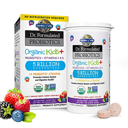 Garden of Life Dr. Formulated Probiotics Organic Kids+ Plus Vitamin C & D - Berry Cherry - Gluten, Dairy & Soy Free Immune & Digestive Health Supplement, No Added Sugar, 30 Chewables (Shelf Stable)