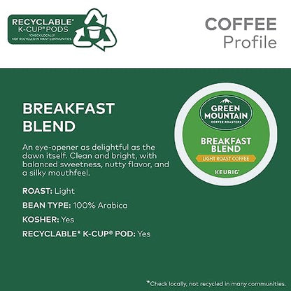 Green Mountain Coffee Roasters Breakfast Blend Single-Serve Keurig K-Cup Pods, Light Roast Coffee, 24 Count (Pack of 4)