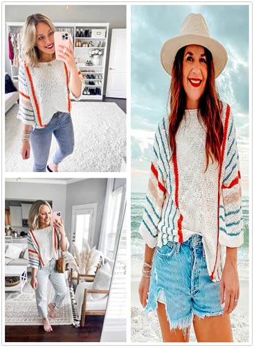 Dokotoo Womens Ladies Plus Size Cute Casual Summer Fall 2023 Crewneck Color Block Striped Wide 3/4 Sleeve Oversized Lightweight Comfy Cozy Cable Knit Beach Pullover Sweaters for Women Tops Shirts 2XL