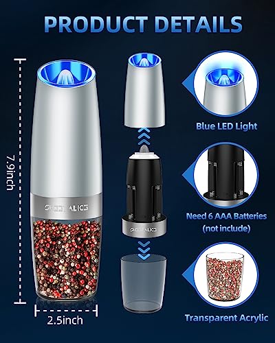 Gravity Electric Pepper and Salt Grinder Set, Adjustable Coarseness, Battery Powered with LED Light, One Hand Automatic Operation, Light Grey, 2 Pack