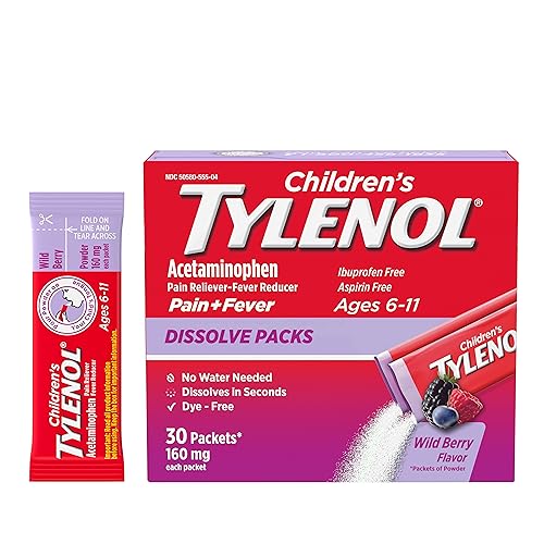 Tylenol Children's Dissolve Packs for Pain Relief, Fever Medication, 160 mg Acetaminophen, Dye Free, Kids' Powder Packets for Cold & Flu Symptom Relief; Wild Berry Flavor, 30 ct.; Pack of 1