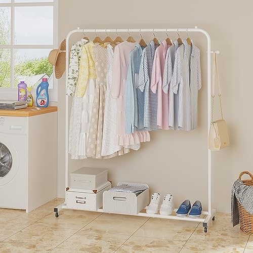 Boeeoan Garment Rack, Freestanding Simple Single Pole Clothes Rack With Wheels, Coat Rack, Multi-functional Rolling Clothing Storage Rack With 2 Hooks for Bedroom, Laundry Room, Living-room, White