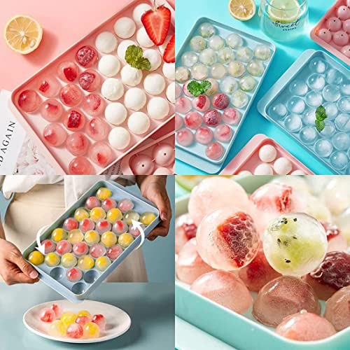 Round Ice Cube Tray with Lid & Bin Ice Ball Maker Mold for Freezer with Container Mini Circle Ice Cube Tray Making 66PCS Sphere Chilling Cocktail Whiskey Tea Coffee 2 Trays 1 ice Bucket & Scoop