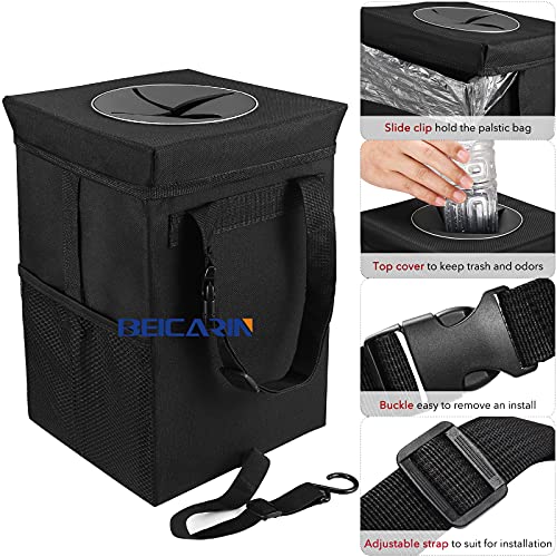 Car Trash Can with Lid - Bag Hanging Storage Pockets Leak-Proof Organizer Collapsible and Portable Waterproof Garbage Bin, 2.6 Gal Large Capacity Multipurpose Bin for