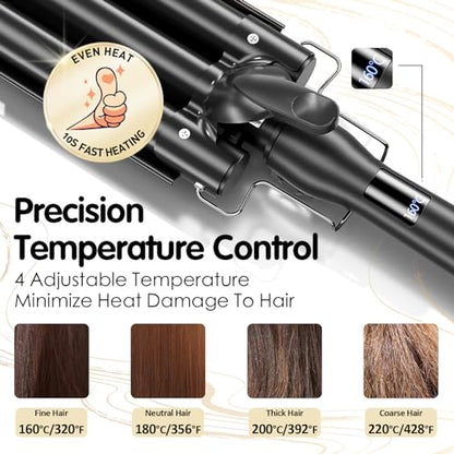 Hair Crimper 1 Inch, 3 Barrel Beach Waver Curling Iron, Foldable 25mm 3 Barrel Hair Waver, 4 Temperature Settings Adjustable Heat Up Quickly Hair Curler Curling Wand