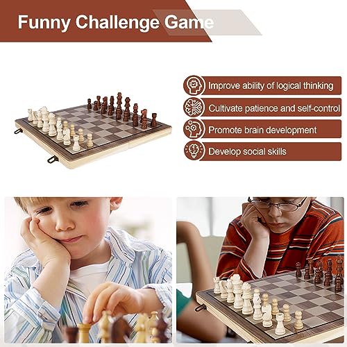 Demiwise 15" Wooden Chess Sets,Chess & Checkers Set with 2 Extra Queens,Foldable Wooden Chess Set Board for Adults and Kids,Handmade Portable Chess Board Game for Familly Travelling