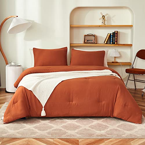 Litanika Comforter King Size Bed Set Burnt Orange, 3 Pieces Terracotta Boho Lightweight Fluffy Solid Bedding Comforter Set, Rust All Season (104x90In Comforter & 2 Pillowcases)