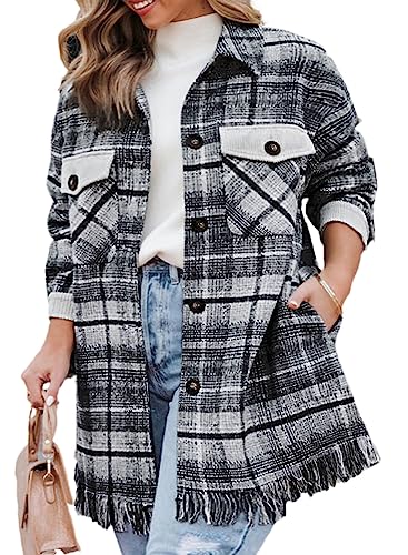 Eytino Women's Plus Size Corduroy Shacket Jacket Long Sleeve Button Down Plaid Tassels Long Flannel Shirts Tops,4X Black