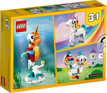 Lego Creator 3 in 1 Magical Unicorn Toy to Seahorse to Peacock 31140, Rainbow Animal Figures, Unicorn Gift for Girls and Boys, Buildable Toys