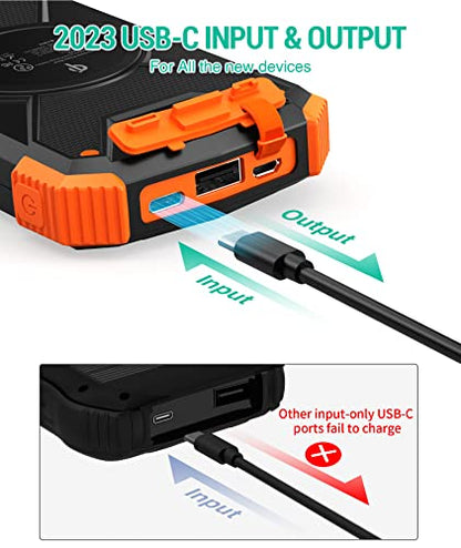 BLAVOR Solar Charger Power Bank, Qi Wireless Charger 10,000mAh External Battery Pack Type C Input Output Dual Super Bright Flashlight, Compass Carabiner, Solar Panel Charging (Orange)