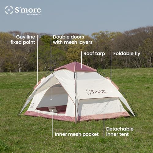 S'more Tirami Instant Setup Camping Tent, Dome Tent Included Rainfly Blocks Wind & Rain, Lightweight and Easy Set Up Outdoor Tent, 1/2 Person Quick Pop Up Tent Great for Hiking, Backing, Marshmallow