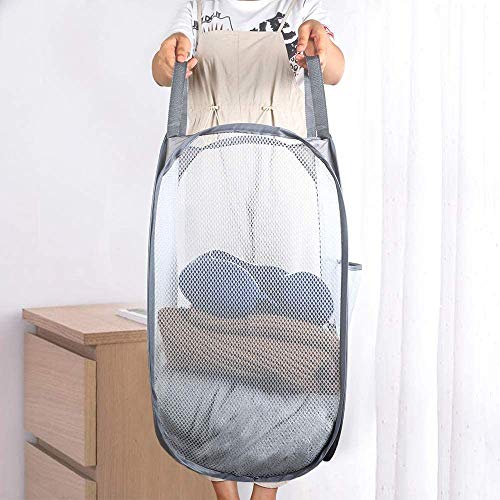 Bud Mesh Pop up Laundry Hamper, Collapsible for Storage, Portable Folding Pop-Up Clothes Hamper Laundry Basket for Kids Room, College Dorm or Travel, Grey