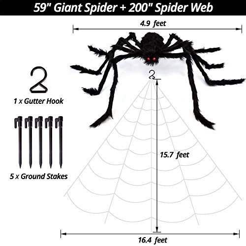 OCATO 200" Halloween Spider Web + 59" Giant Spider Decorations Fake Spider with Triangular Huge Spider Web for Indoor Outdoor Halloween Decorations Yard Home Costumes Parties Haunted House Décor