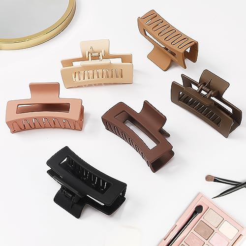 Sisiaipu 3.5 Inch Medium Hair Claw Clips 6 Pcs claw clips for Women and Girls Square Hair Clips Rectangular Claw Clips Nonslip Acrylic Banana Jaw Jumbo Claw Clips Hair Accessories -Coffee