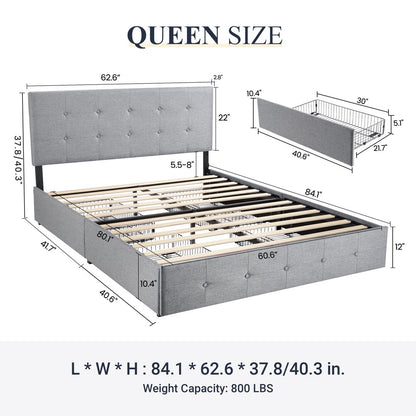 Allewie Light Grey Queen Platform Bed Frame with 4 Drawers Storage and Square Stitched Button Tufted Upholstered Headboard