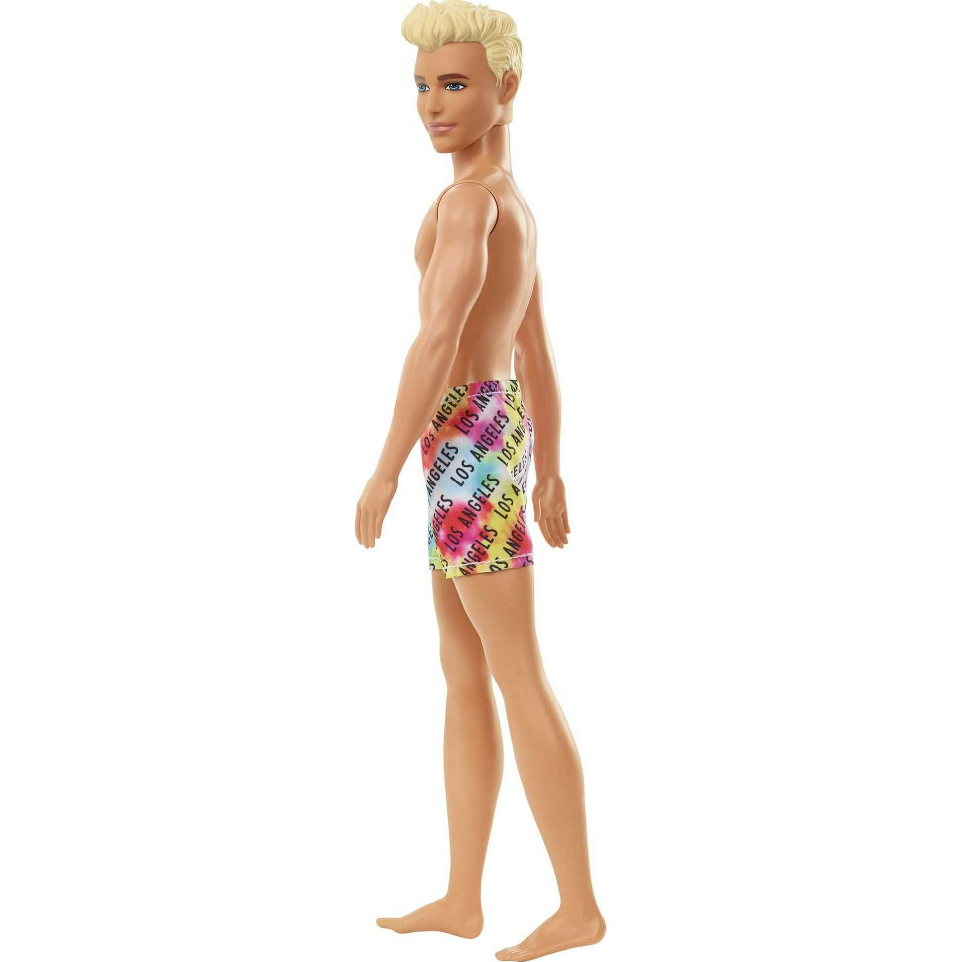 Barbie Ken Beach Doll with Blonde Hair Dressed in Colorful Los Angeles-Print Swim Trunks