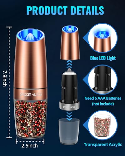 Gravity Electric Pepper/Salt Grinder, Salt or Pepper Mill, Adjustable Coarseness, Battery Powered with LED Light, One Hand Automatic Operation, Stainless Steel (Single/Copper)