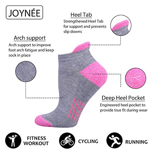 JOYNÉE Womens Ankle Athletic Low Cut Tab Socks Cushioned Running Sports 6 Pack,Grey,Sock Size 9-11