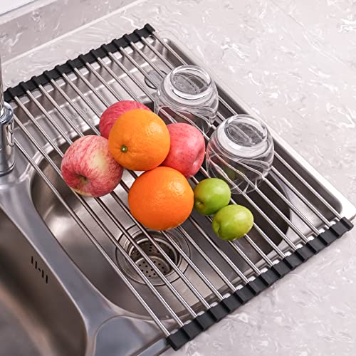 Roll Up Dish Drying Rack Over the Sink Drying Rack for Kitchen Counter, Seropy Rolling Dish Rack over Sink Mat, Foldable Dish Drainer Stainless Steel Sink Rack Kitchen Organization Gadgets 17.5"x11.8"