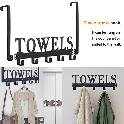 Over The Door Hooks, Towel Holder for Bathroom, Door Mount Towel Rack for Bedroom Kitchen Pool Beach Bathrobe, Wall Mount for Cabinet Cupboard Metal Sandblasted (Black)