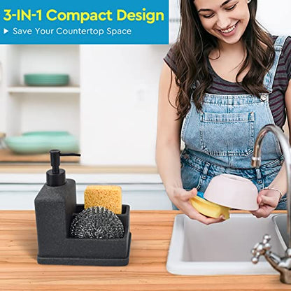 Soap Dispenser with Sponge Holder,Liquid Hand and Dish Soap Dispenser and Spong Caddy with Brush Holder 3 in 1 Countertop Organizer for Kitchen Sink and Bathroom,Black