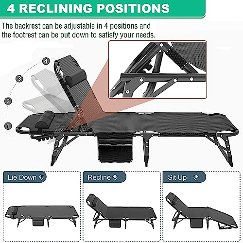 Portable Folding Camping Cot, Adjustable 4-Position Adults Reclining Chaise with Pillow, Outdoor Lounge Chair Sleeping Cots Bed, Perfect for Camping, Pool, Beach, Patio