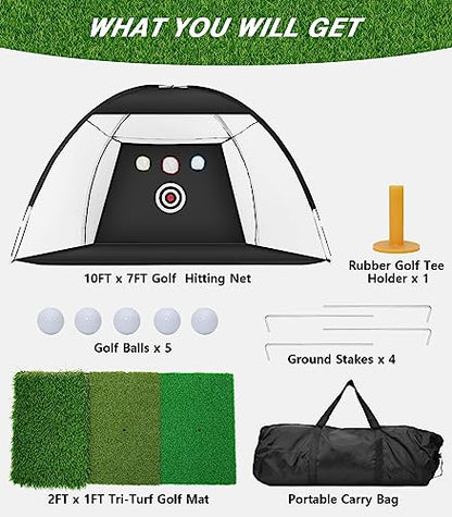 Golf Net, 10x7ft Golf Practice Net with Tri-Turf Golf Mat, All in 1 Home Golf Hitting Aid Nets for Backyard Driving Chipping Swing Training with Target/Mat/Balls/Tee/Bag - Gift for Men/Golf Lovers