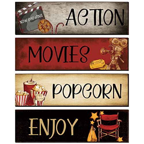 Movie Theater Decor 4 Pieces Wooden Home Theater Decor Vintage for Home Popcorn Enjoy Film Classic Decor Rustic Movie Room Wall Decor Media Room Wall Art, 11 x 3 Inches