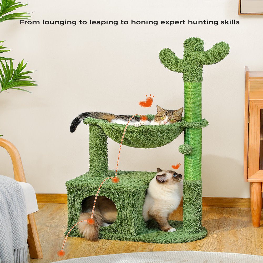 PAWZ Road Cactus Cat Tree Condo 39.4" with Hammock Perch, Cat Sisal Scratching Post for Indoor Kitty Medium Cats,Green