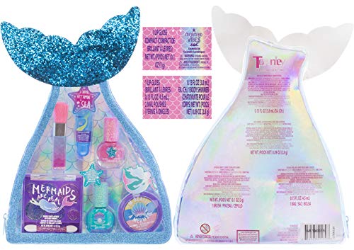 Townley Girl Mermaid Vibes Makeup Set with 8 Pieces, Including Lip Gloss, Nail Polish, Body Shimmer and More in Mermaid Bag, Ages 3+ for Parties, Sleepovers and Makeovers