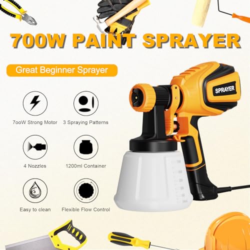 VONFORN Paint Sprayer, 700W HVLP Spray Gun with Cleaning & Blowing Joints, 4 Nozzles and 3 Patterns, Easy to Clean, for Furniture, Cabinets, Fence, Walls, Door, Garden Chairs etc. VF803