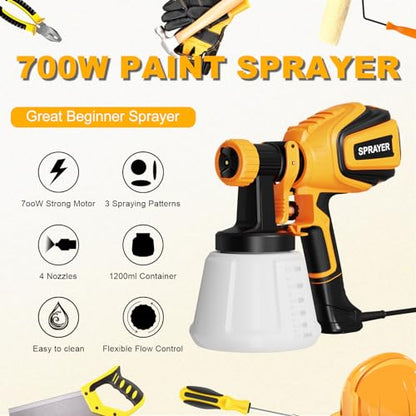 VONFORN Paint Sprayer, 700W HVLP Spray Gun with Cleaning & Blowing Joints, 4 Nozzles and 3 Patterns, Easy to Clean, for Furniture, Cabinets, Fence, Walls, Door, Garden Chairs etc. VF803