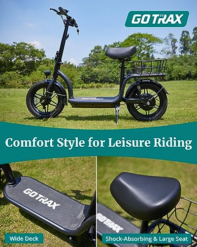 Gotrax ASTRO Electric Scooter with Seat, 14" Pneumatic Tire and 19 Miles Range&15.5Mph Power by 350W Motor, Comfortable Rear Dual Shock Absorption&Wider Seat, EBike with Carry Basket for Adult Black