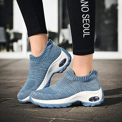 Women's Walking Shoes Sock Sneakers - Breathable Mesh Slip On Lady Girls Work Nursing Easy Shoes Platform Loafers Light Blue 9