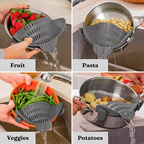 Kitchen Gizmo Snap N Strain Pot Strainer and Pasta Strainer - Adjustable Silicone Clip On Strainer for Pots, Pans, and Bowls - Kitchen Colander, Kitchen Gadgets, Noodle Strainer, Food Strainer - Gray