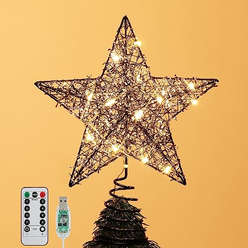 Roylvan Christmas Star Tree Topper with 8 Lighting Modes, USB Christmas Star Treetop with Timer Decorative Light with Silver Strip, 20 LED Light Xmas Tree Top Decor for Home Indoor Outdoor, Black