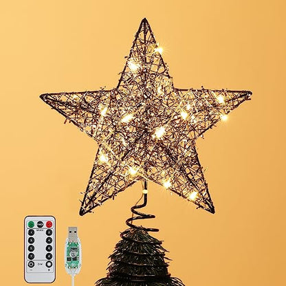 Roylvan Christmas Star Tree Topper with 8 Lighting Modes, USB Christmas Star Treetop with Timer Decorative Light with Silver Strip, 20 LED Light Xmas Tree Top Decor for Home Indoor Outdoor, Black