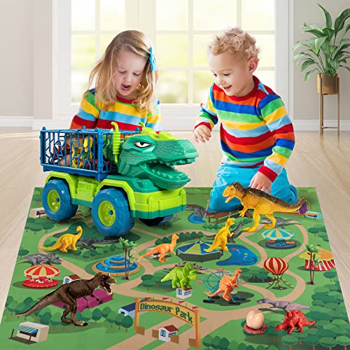 TEMI Dinosaur Truck Toys for Kids 3-5 Years, Tyrannosaurus Transport Car Carrier Truck with 8 Dino Figures, Activity Play Mat, Dinosaur Eggs, Capture Jurassic Dinosaur Play Set for Boys and Girls