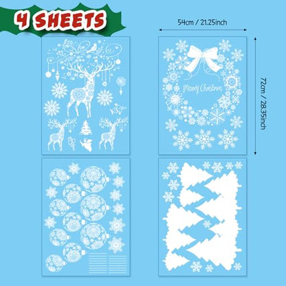 Super Huge Christmas Window Clings Static Snowflake Christmas Decorations, Reindeer Xmas Decor Winter Wonderland Decorations Window Stickers Decals for Indoor Christmas Decoration Party (4 Sheets)