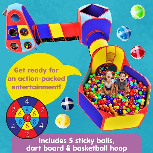 Playz 5pc Kids Play Tent Jungle Gym, Ball Pit, Pop Up Tents & Play Tunnel for Toddlers, Babies, and Kids Indoor & Outdoor Playhouse Bundle with Dartboard and 5 Sticky Balls, Gift for Boys & Girls